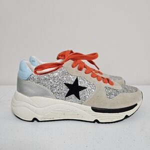 White Raven Quincy Sparkle Sneakers Womens 8 Beige Silver Glitter Shoes RARE EUC